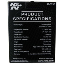 Load image into Gallery viewer, K&N Universal Rubber Filter 3 1/2inch ID FLG / 6inch Base / 4-5/8inch Top / 6inch Height