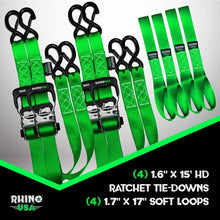 Load image into Gallery viewer, Rhino USA Cargo Tie-Downs Rhino USA Heavy Duty Ratchet Tie-Down 4-Pack Green 1.6In X 15Ft