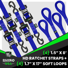 Load image into Gallery viewer, Rhino USA Heavy Duty Ratchet Tie-Down 4-Pack (Blue) 1.6In X 8Ft Cargo Tie-Downs Rhino USA