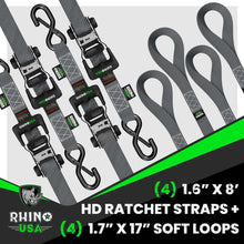 Load image into Gallery viewer, Rhino USA Cargo Tie-Downs Rhino USA Heavy Duty Ratchet Tie-Down 4-Pack (Gray) 1.6In X 8Ft