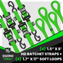 Load image into Gallery viewer, Rhino USA Cargo Tie-Downs Rhino USA Heavy Duty Ratchet Tie-Down 4-Pack (Green) 1.6In X 8Ft