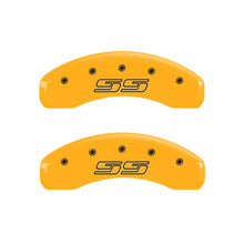 Load image into Gallery viewer, MGP 4 Caliper Covers Engraved Front & Rear Avalanche style/SS Yellow finish black ch Caliper Covers MGP