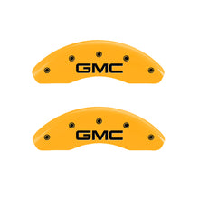 Load image into Gallery viewer, MGP 4 Caliper Covers Engraved Front & Rear GMC Yellow finish black ch Caliper Covers MGP