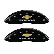 Load image into Gallery viewer, MGP 4 Caliper Covers Engraved Front & Rear Chevy racing Black finish silver ch Caliper Covers MGP