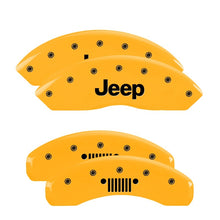 Load image into Gallery viewer, MGP 4 Caliper Covers Engraved Front Jeep Rear Grill Logo Yellow Finish Black Char 2004 Jeep Wrangler Caliper Covers MGP