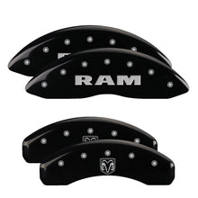 Load image into Gallery viewer, MGP 4 Caliper Covers Engraved Front Ram Rear Ramhead Yellow Finish Black Char 2010 Dodge Ram 2500 Caliper Covers MGP