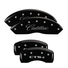 Load image into Gallery viewer, MGP 4 Caliper Covers Engraved Front Cursive/Cadillac Engraved Rear CTS4 Black finish silver ch Caliper Covers MGP