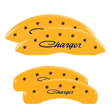 Load image into Gallery viewer, MGP 4 Caliper Covers Engraved Front & Rear Cursive/Charger Yellow finish black ch Caliper Covers MGP