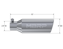 Load image into Gallery viewer, MBRP Universal Tip 4in OD 2.5in Inlet 12in Length Angled Cut Rolled End Clampless No-Weld T304 Steel Tubing MBRP