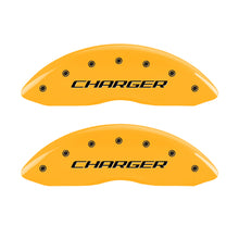 Load image into Gallery viewer, MGP 4 Caliper Covers Engraved Front & Rear Block/Charger Yellow Finish Black Char 2006 Dodge Charger Caliper Covers MGP