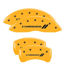 Load image into Gallery viewer, MGP 4 Caliper Covers Engraved Front & Rear With stripes/Charger Yellow finish black ch Caliper Covers MGP