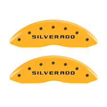 Load image into Gallery viewer, MGP 4 Caliper Covers Engraved Front & Rear Silverado Yellow Finish Blk Char 04 Chevy Avalanche 1500 Caliper Covers MGP