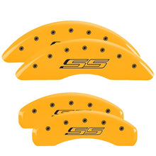 Load image into Gallery viewer, MGP 4 Caliper Covers Engraved Front & Rear MGP Yellow finish black ch Caliper Covers MGP