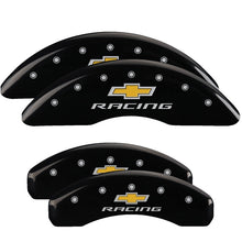 Load image into Gallery viewer, MGP 4 Caliper Covers Engraved F & R Chevy Racing Black Finish Silver Char 2019 Chevrolet Camaro Caliper Covers MGP