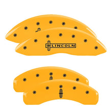Load image into Gallery viewer, MGP 4 Caliper Covers Engraved Front Lincoln Engraved Rear Star logo Yellow finish black ch Caliper Covers MGP