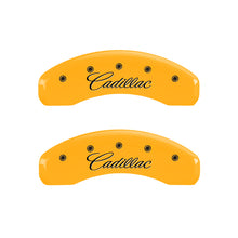 Load image into Gallery viewer, MGP 4 Caliper Covers Engraved F & R Cursive/Cadillac Yellow Finish Black Char 2010 Cadillac SRX Caliper Covers MGP