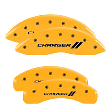 Load image into Gallery viewer, MGP 4 Caliper Covers Engraved Front & Rear Cursive/Charger Yellow finish black ch Caliper Covers MGP