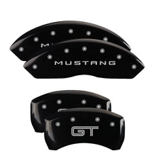 Load image into Gallery viewer, MGP 4 Caliper Covers Engraved Front Mustang Engraved Rear GT Black finish silver ch Caliper Covers MGP