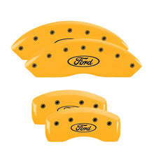 Load image into Gallery viewer, MGP 4 Caliper Covers Engraved Front & Rear Oval logo/Ford Yellow finish black ch Caliper Covers MGP