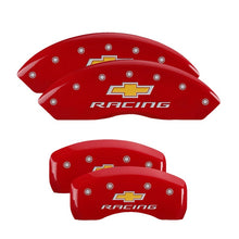 Load image into Gallery viewer, MGP 4 Caliper Covers Engraved Front & Rear Chevy racing Red finish silver ch Caliper Covers MGP