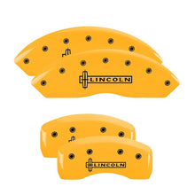 Load image into Gallery viewer, MGP 4 Caliper Covers Engraved Front Lincoln Rear Star Logo Yellow Finish Black Char 2011 Lincoln MKZ Caliper Covers MGP