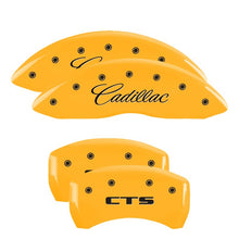 Load image into Gallery viewer, MGP 4 Caliper Covers Engraved Front Cursive/Cadillac Engraved Rear CTS Yellow finish black ch Caliper Covers MGP