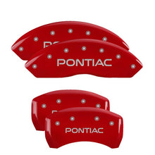 Load image into Gallery viewer, MGP 4 Caliper Covers Engraved Front & Rear 06-09 Pontiac Solstice Red Finish Silver Pontiac Logo Caliper Covers MGP