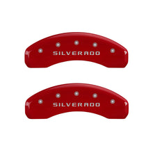 Load image into Gallery viewer, MGP 4 Caliper Covers Engraved Front & Rear Silverado Red finish silver ch Caliper Covers MGP
