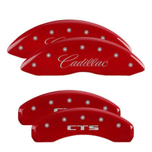 Load image into Gallery viewer, MGP 4 Caliper Covers Engraved Front Cursive/Cadillac Engraved Rear CTS Red finish silver ch Caliper Covers MGP
