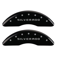 Load image into Gallery viewer, MGP 4 Caliper Covers Engraved Front & Rear Silverado Black finish silver ch Caliper Covers MGP