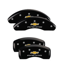 Load image into Gallery viewer, MGP 4 Caliper Covers Engraved F & R Chevy Racing Black Finish Silver Char 2019 Chevrolet Bolt EV Caliper Covers MGP