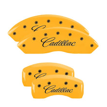 Load image into Gallery viewer, MGP 4 Caliper Covers Engraved F & R Cursive/Cadillac Yellow Finish Black Char 2004 Cadillac CTS Caliper Covers MGP