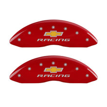Load image into Gallery viewer, MGP 4 Caliper Covers Engraved Front & Rear Chevy racing Red finish silver ch Caliper Covers MGP