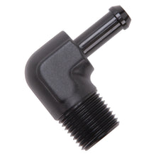 Load image into Gallery viewer, Edelbrock Hose End 90-Deg 1/2In NPT to 3/8In Barb Black Anodize Fittings Edelbrock