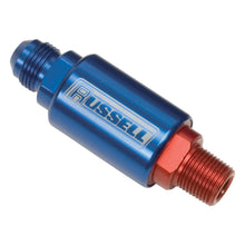Load image into Gallery viewer, Russell Performance Red/Blue (3-1/4in Length 1-1/4in dia. -8 x 3/8in male NPT inlet/outlet) Fuel Filters Russell