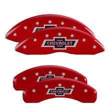 Load image into Gallery viewer, MGP 4 Caliper Covers Engraved F & R 100 Anniversary Red Finish Silver Char 2019 Chevy Silverado 1500 Caliper Covers MGP
