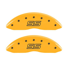 Load image into Gallery viewer, MGP 4 Caliper Covers Engraved Front & Rear Trailblazer SS Yellow Finish Black Char 2004 Chevy SSR Caliper Covers MGP