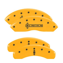 Load image into Gallery viewer, MGP 4 Caliper Covers Engraved Front Cursive/Cadillac Engraved Rear CTS Yellow finish black ch Caliper Covers MGP