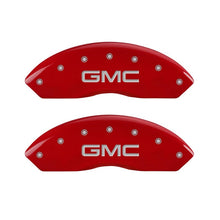Load image into Gallery viewer, MGP Front set 2 Caliper Covers Engraved Front GMC Red finish silver ch Caliper Covers MGP