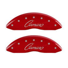Load image into Gallery viewer, MGP 4 Caliper Covers Engraved Front & Rear Cursive/Camaro Red finish silver ch Caliper Covers MGP