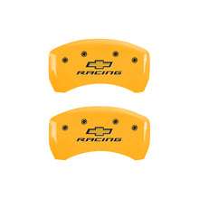Load image into Gallery viewer, MGP 4 Caliper Covers Engraved Front & Rear Chevy racing Yellow finish black ch Caliper Covers MGP