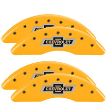 Load image into Gallery viewer, MGP 4 Caliper Covers Engraved F & R 100th Anniv Yellow Finish Black Char 2019 Chevy Silverado 2500HD Caliper Covers MGP