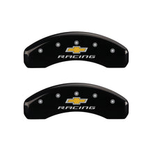 Load image into Gallery viewer, MGP 4 Caliper Covers Engraved F & R Chevy Racing Black Finish Silver Char 2019 Chevrolet Camaro Caliper Covers MGP