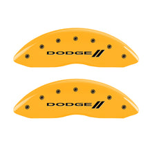 Load image into Gallery viewer, MGP 4 Caliper Covers Engraved Front & Rear With stripes/Dodge Yellow finish black ch Caliper Covers MGP