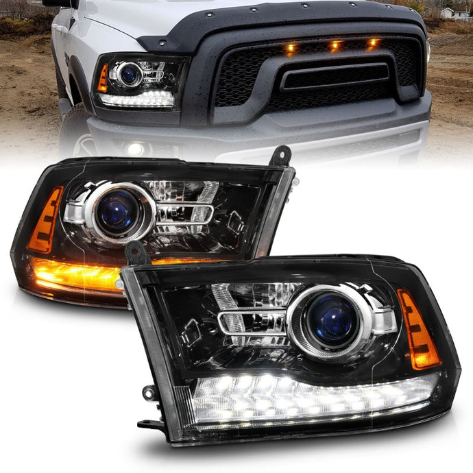Anzo 09-18 Dodge 1500-3500 LED Plank Style Headlights w/Switchback+Sequential Hyper Black (OE Style) Headlights ANZO   