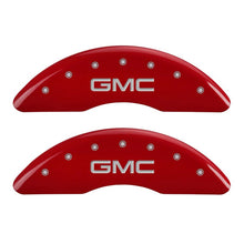 Load image into Gallery viewer, MGP 4 Caliper Covers Engraved Front & Rear GMC Red finish silver ch Caliper Covers MGP