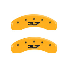 Load image into Gallery viewer, MGP 4 Caliper Covers Engraved Front 2015/Mustang Engraved Rear 2015/37 Yellow finish black ch Caliper Covers MGP
