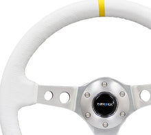 Load image into Gallery viewer, NRG Reinforced Steering Wheel (350mm / 3in. Deep) Wht Leather w/Silver Spoke & Single Yellow Mark Steering Wheels NRG