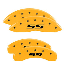 Load image into Gallery viewer, MGP 4 Caliper Covers Engraved Front & Rear Silverado SS Yellow Finish Black Char 2001 Chevy Tahoe Caliper Covers MGP