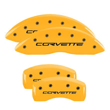 Load image into Gallery viewer, MGP 4 Caliper Covers Engraved Front & Rear C6/Corvette Yellow finish black ch Caliper Covers MGP